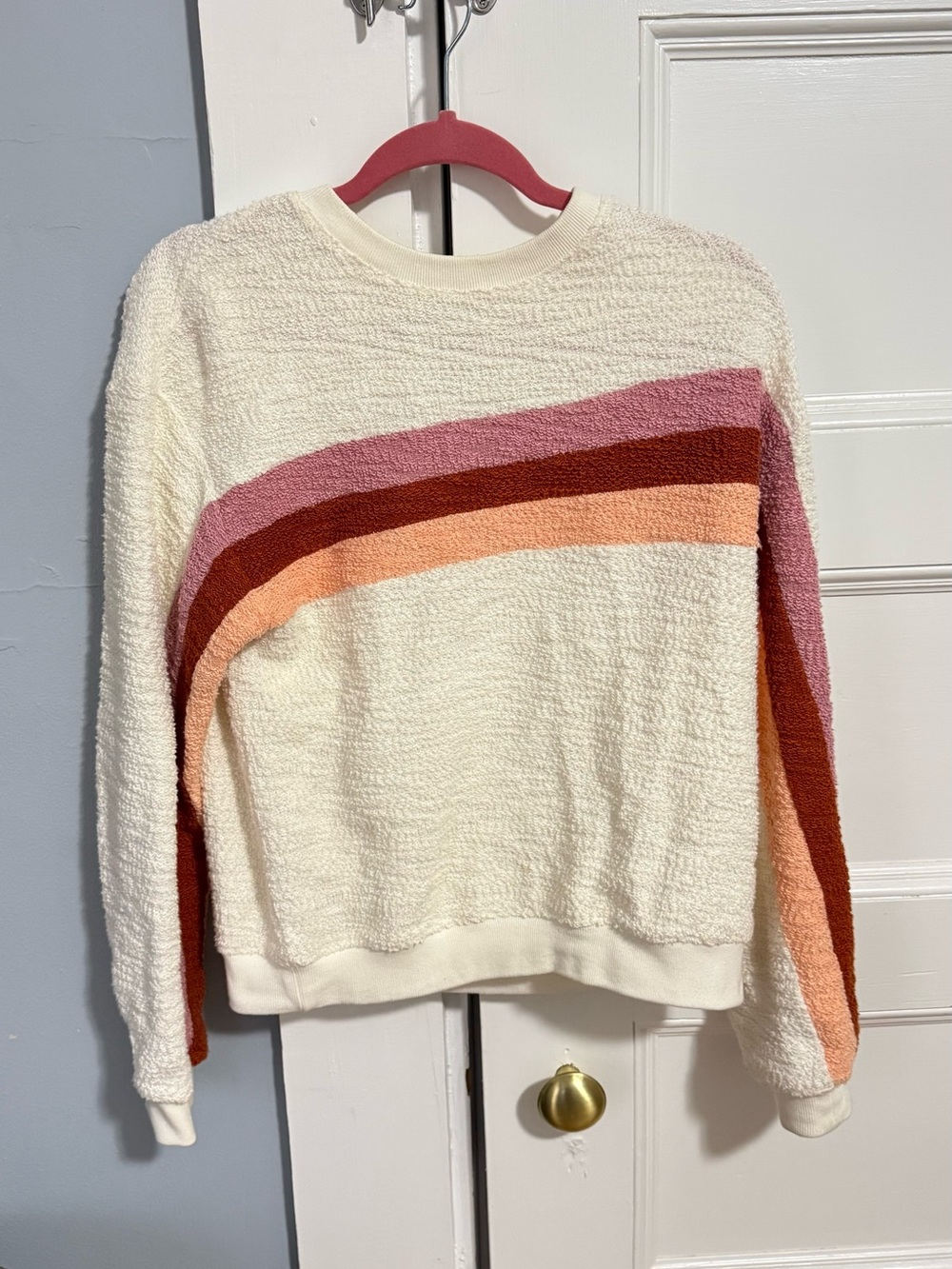 Faherty Ivory Bouclé Crewneck with Pink, Rust & Peach Stripes